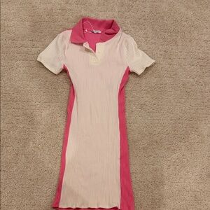 Zara Pink and white Ribbed Polo Dress